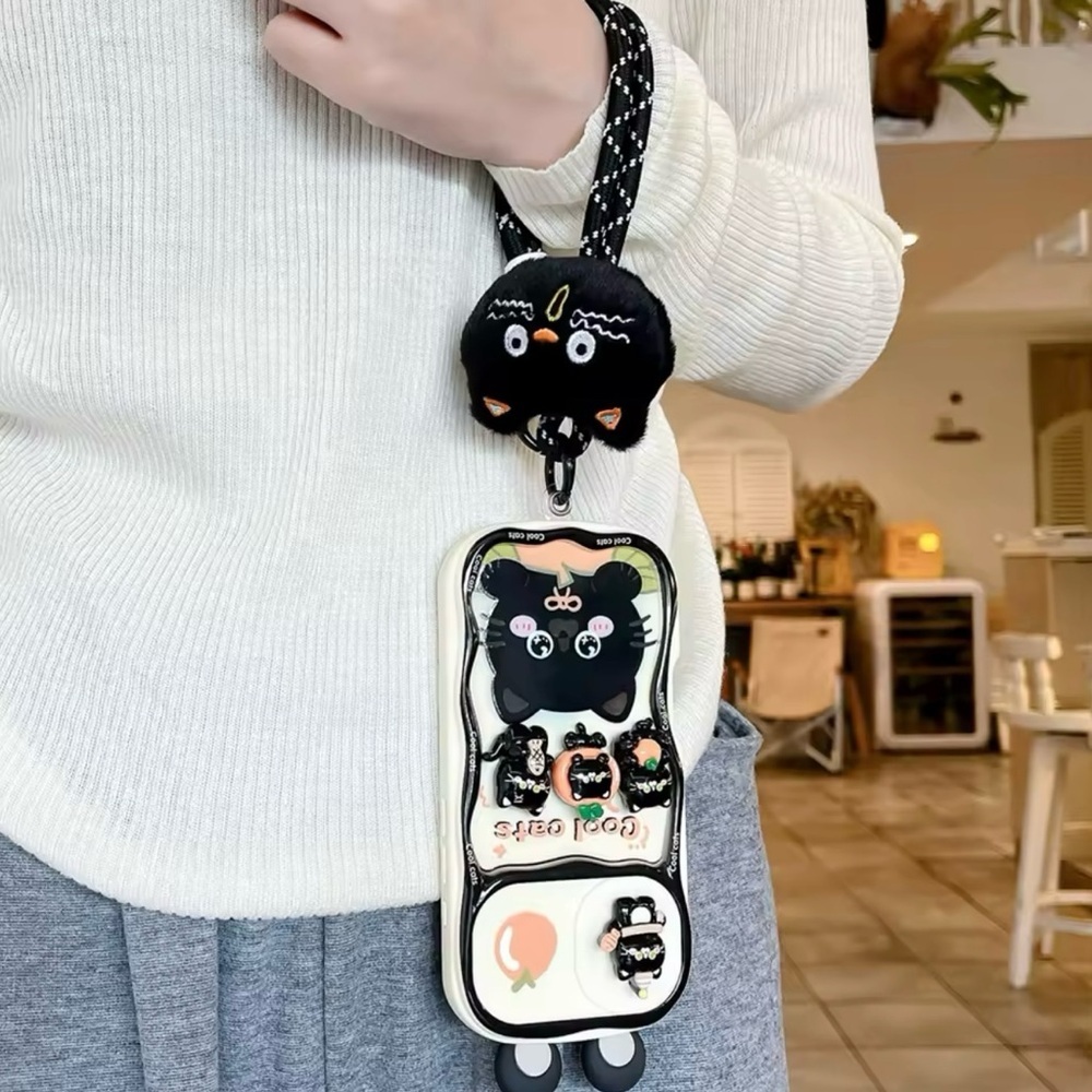 iPhone 16 Pro Max Case – Cute Black Cat Design with Plush Charm & Wrist Strap